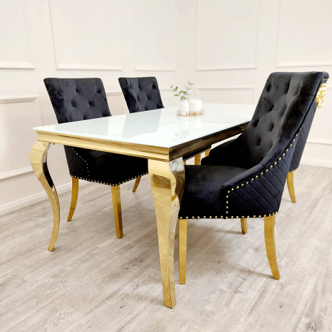 Louis - White - 140cm/1.4m - Glass Top - Rectangular Dining Table & 4 Bentley - Black Velvet - Quilted Back - Dining Chairs - Gold Legs