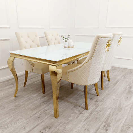 Louis - White - 140cm/1.4m - Glass Top - Rectangular Dining Table & 4 Bentley - Cream Velvet - Quilted Back - Dining Chairs - Gold Legs