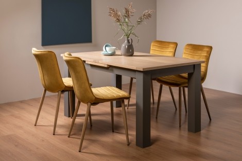 Oakham - Dark Grey & Scandi Oak - 4 to 6 Seater Extending Dining Table & 4 Eriksen Mustard Velvet Chairs
