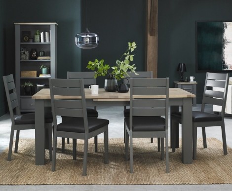 Oakham - Dark Grey & Scandi Oak - 6 to 8 Seater Extending Dining Table & 6 Dark Grey Chairs in Dark Grey Bonded Leather