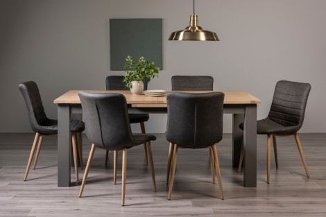 Oakham - Dark Grey & Scandi Oak - 6 to 8 Seater Extending Dining Table & 6 Eriksen Dark Grey Faux Leather Chairs