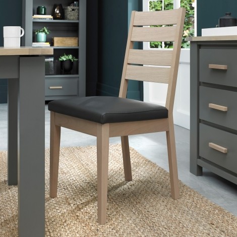 Oakham - Scandi Oak - Slatted Chairs - Dark Grey Bonded Leather - Pair