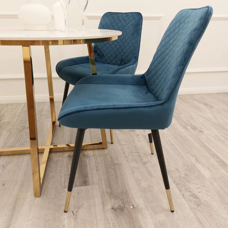 Luna - Scandinavian Style - Navy Blue Velvet - Cross Stitch Back - Dining Chair - Gold Tipped Black Legs - Pair