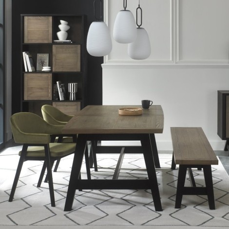 Camden Weathered Oak 4-6 Seater Table & 2 Arm Chairs in Cedar Velvet & Small Bench