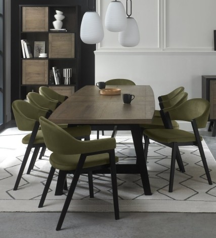 Camden Weathered Oak 6-8 Seater Table & 6 Side & 2 Arm Chairs in Cedar Velvet