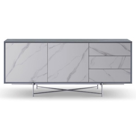 Adriana - Large Buffet Sideboard - Grey With Dark Chrome Frame & White Ceramic Marble