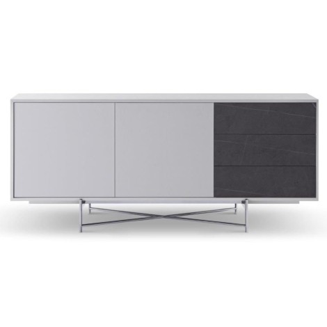 Adriana - Large Buffet Sideboard - White With Dark Chrome Base + White Doors + Grey Ceramic Marble Drawers