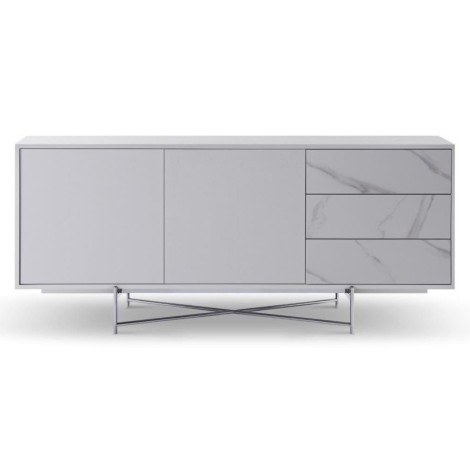 Adriana - Large Buffet Sideboard - White With Dark Chrome Base + White Doors + White Ceramic Marble Drawers