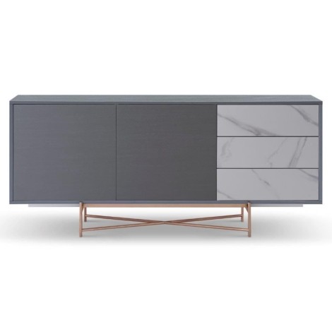 Adriana - Large Buffet Sideboard - Grey With Bronze Base + Grey Doors + White Ceramic Marble Drawers