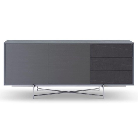 Adriana - Large Buffet Sideboard - Grey With Dark Chrome Base + Grey Doors + Grey Ceramic Marble Drawers