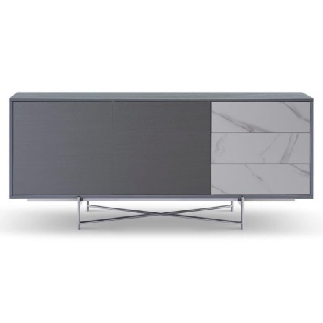 Adriana - Large Buffet Sideboard - Grey With Dark Chrome Base + Grey Doors + White Ceramic Marble Drawers