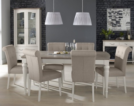 Montreux Grey Washed Oak & Soft Grey - 6 to 8 Seater Extending Dining Table & 6 Upholstered Chairs in Pebble Grey Fabric