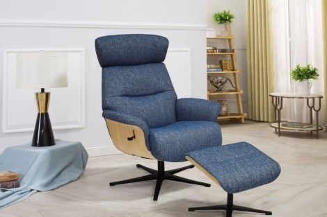 GFA, Boden, Denim Blue Fabric, Swivel Recliner and Stool