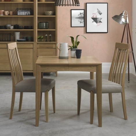 Bergen - Oak - 2 to 4 Seater Extending Dining Table & 2 Slat Back Chairs in Grey Bonded Leather - Curved Tapering Legs