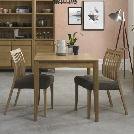 Bergen - Oak - 2 to 4 Seater Extending Dining Table & 2 Low Slat Back Chairs in Black Gold Fabric - Curved Tapering Legs