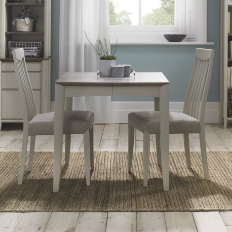 Bergen - Grey Washed Oak Top - 2 to 4 Seater Extending Dining Table & 2 Slat Back Chairs in Grey Bonded Leather - Soft Grey Pigment Frame