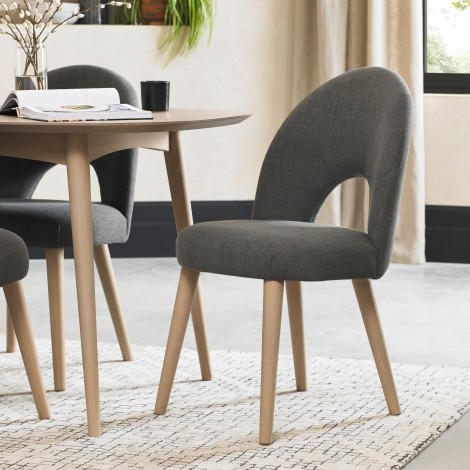 Dansk - Scandi Oak - Upholstered Chair - Cold Steel Fabric - Turned Solid Beech Legs - Pair