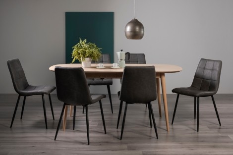 Dansk - Scandi Oak - 6 to 8 Seater Extending Rectangle Dining Table & 6 Mondrian Dark Grey Faux Leather Chairs