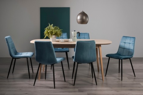 Dansk - Scandi Oak - 6 to 8 Seater Extending Rectangle Dining Table & 6 Mondrian Petrol Blue Velvet Chairs