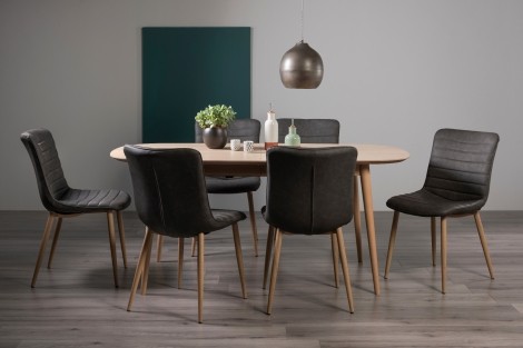 Dansk - Scandi Oak - 6 to 8 Seater Extending Rectangle Dining Table & 6 Eriksen Dark Grey Faux Leather Chairs - Turned Solid Beech Legs 