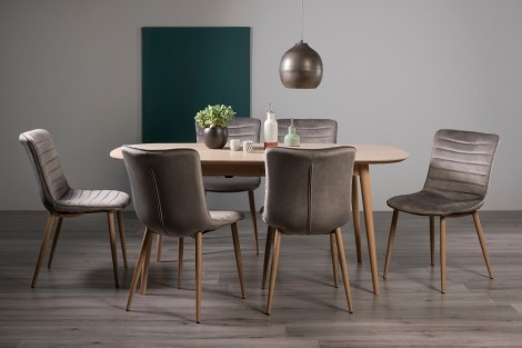 Dansk - Scandi Oak - 6 to 8 Seater Extending Rectangle Dining Table & 6 Eriksen Grey Velvet Chairs - Turned Solid Beech Legs 