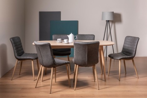 Dansk - Scandi Oak - 6 Seater Rectangle Dining Table & 6 Eriksen Dark Grey Faux Leather Chairs - Turned Solid Beech Legs