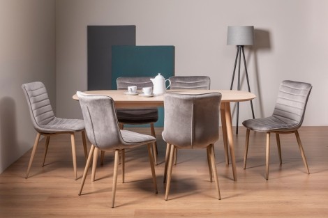 Dansk - Scandi Oak - 6 Seater Rectangle Dining Table & 6 Eriksen Grey Velvet Chairs - Turned Solid Beech Legs
