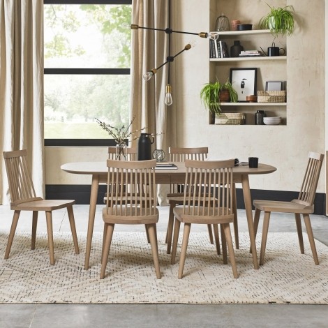 Dansk - Scandi Oak - 6 Seater Rectangle Dining Table & 6 Ilva Spindle Chairs in Scandi Oak - Turned Solid Beech Legs