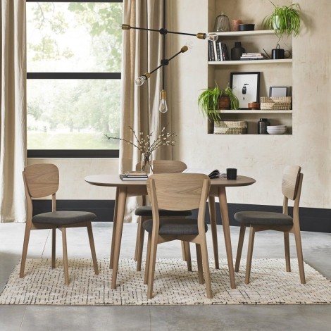 Dansk - Scandi Oak - 4 Seater Rectangle Dining Table & 4 Veneer Back Chairs in Cold Steel Fabric - Turned Solid Beech Legs