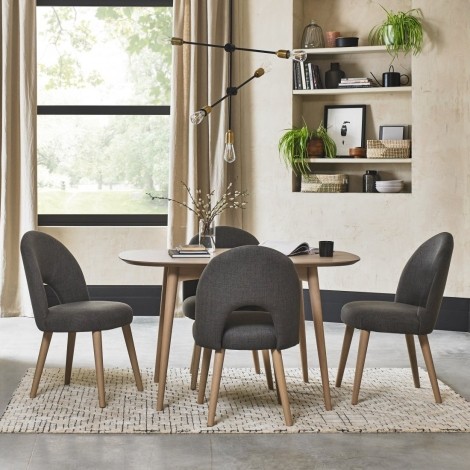 Dansk - Scandi Oak - 4 Seater Rectangle Dining Table & 4 Upholstered Chairs in Cold Steel Fabric - Turned Solid Beech Legs