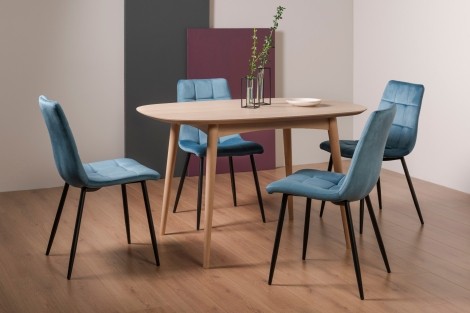 Dansk - Scandi Oak - 4 Seater Rectangle Dining Table & 4 Mondrian Petrol Blue Velvet Chairs