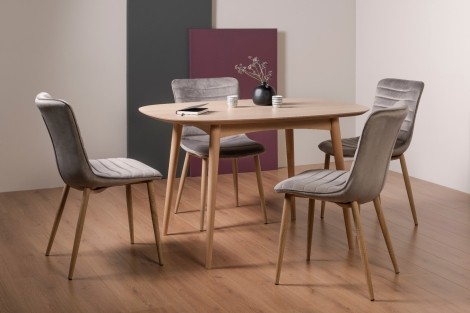 Dansk - Scandi Oak - 4 Seater Rectangle Dining Table & 4 Eriksen Grey Velvet Chairs - Turned Solid Beech Legs