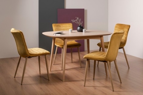 Dansk - Scandi Oak - 4 Seater Rectangle Dining Table & 4 Eriksen Mustard Velvet Chairs - Turned Solid Beech Legs