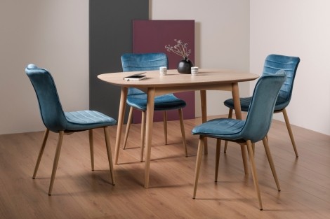 Dansk - Scandi Oak - 4 Seater Rectangle Dining Table & 4 Eriksen Petrol Blue Velvet Chairs - Turned Solid Beech Legs