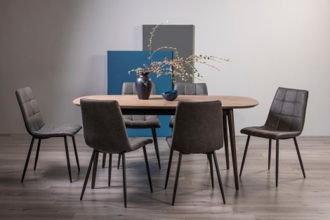 Vintage Weathered Oak 6-8 Seater Table & 6 Mondrian Dark Grey Faux Leather Chairs