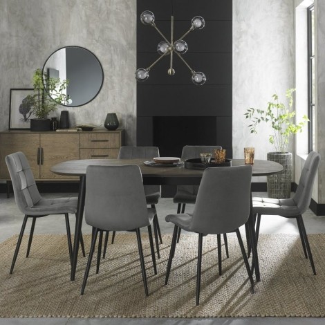 Vintage Weathered Oak 6-8 Seater Table & 6 Mondrian Grey Velvet Chairs