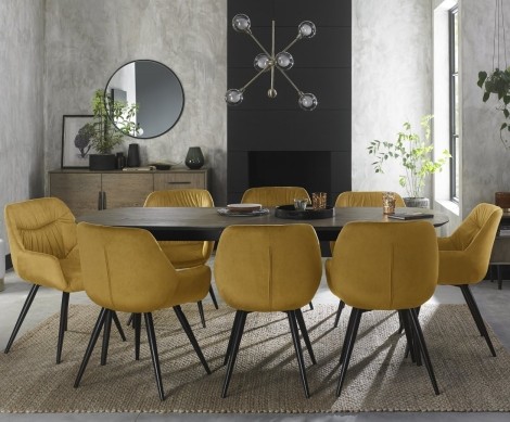 Vintage Weathered Oak 6-8 Seater Table & 8 Dali Mustard Velvet Chairs