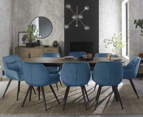 Vintage Weathered Oak 6-8 Seater Table & 8 Dali Petrol Blue Velvet Chairs