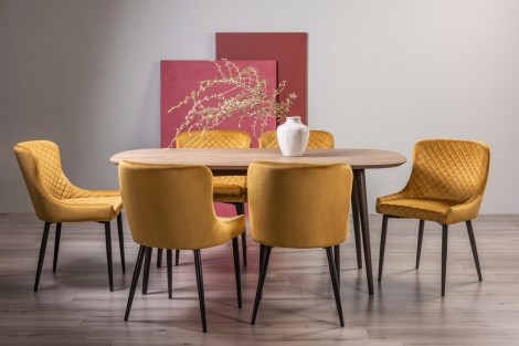 Vintage Weathered Oak 6 Seater Table & 6 Cezanne Mustard Velvet Chairs - Black Legs