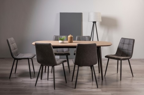 Vintage Weathered Oak 6 Seater Table & 6 Mondrian Dark Grey Faux Leather Chairs