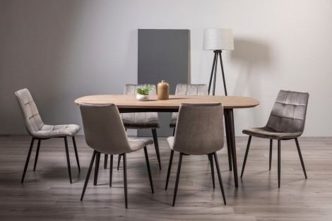 Vintage Weathered Oak 6 Seater Table & 6 Mondrian Grey Velvet Chairs
