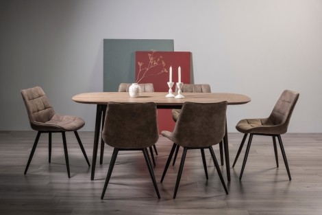 Vintage Weathered Oak 6 Seater Table & 6 Seurat Tan Faux Suede Fabric Chairs
