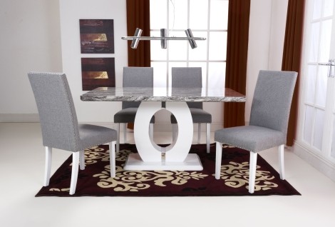 Neptune - Medium - Rectangle - 150cm/1.5m - Grey/White - Marble Effect - Dining Table & 4 Randall - Upholstered - Silver Grey Linen Effect Fabric - Dining Chair