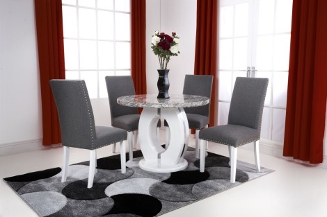 Neptune - Round - 100cm/1m - Grey/White - Marble Effect - Dining Table & 4 Randall - Upholstered - Steel Grey Linen Effect Fabric - Dining Chair