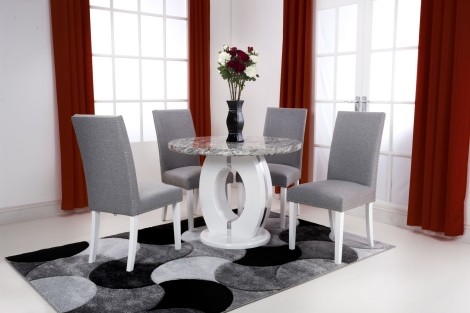 Neptune - Round - 100cm/1m - Grey/White - Marble Effect - Dining Table & 4 Randall - Upholstered - Silver Linen Grey Effect Fabric - Dining Chair