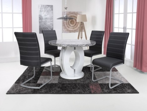 Neptune - Round - 100cm/1m - Grey/White - Marble Effect - Dining Table & 4 Callisto - Upholstered - Black Leather Effect - Dining Chair