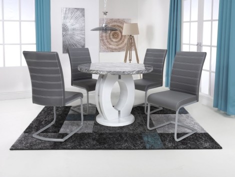 Neptune - Round - 100cm/1m - Grey/White - Marble Effect - Dining Table & 4 Callisto - Upholstered - Grey Leather Effect - Dining Chair