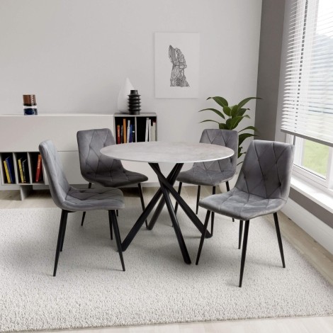 Avesta - Grey - Round - 4 Seater - Dining Table & 4 Vernon - Brushed Velvet - Grey - Dining Chairs