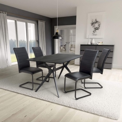 Timor - Rectangular - 160cm/1.6m - Black Ceramic Top - Sinister Stone - Dining Table & 4 Carlisle - Black - Mottled Leather Effect Fabric - Upholstered - Dining Chair