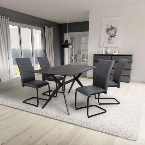 Timor - Rectangular - 160cm/1.6m - Black Ceramic Top - Sinister Stone - Dining Table & 4 Carlisle - Grey - Mottled Leather Effect Fabric - Upholstered - Dining Chair